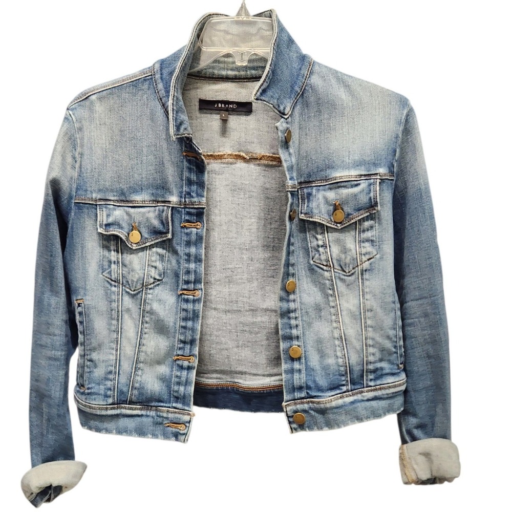 J Brand Women's L Blue Button Front Collared Pockets Regular Fit Short Jacket